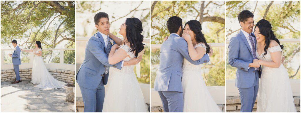 Four images show the progression of a silly moment during a first look, as the groom thinks he broke the bride's dress
