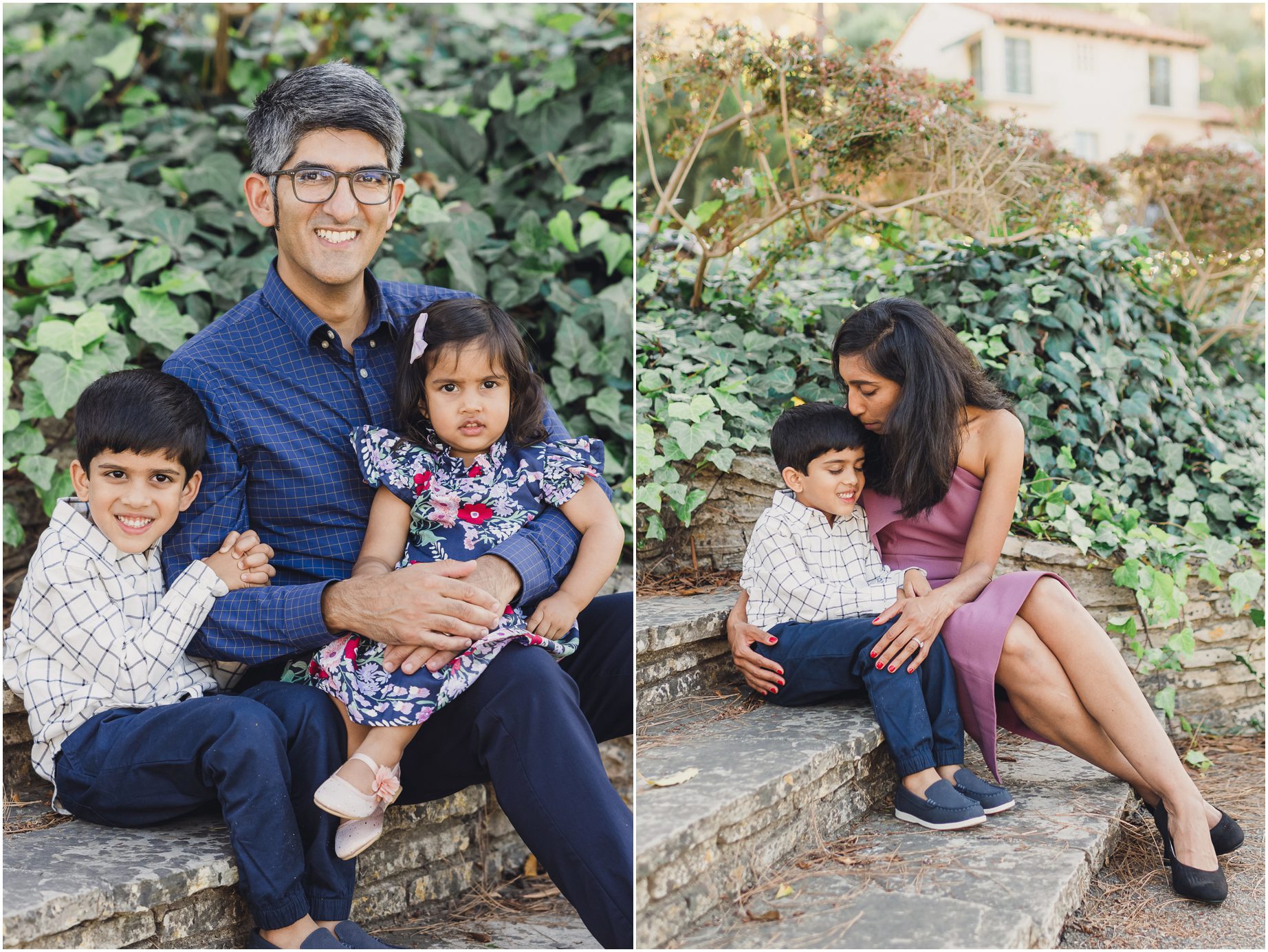 A family in blue and purple sits on ivy covered steps in Palos Verdes