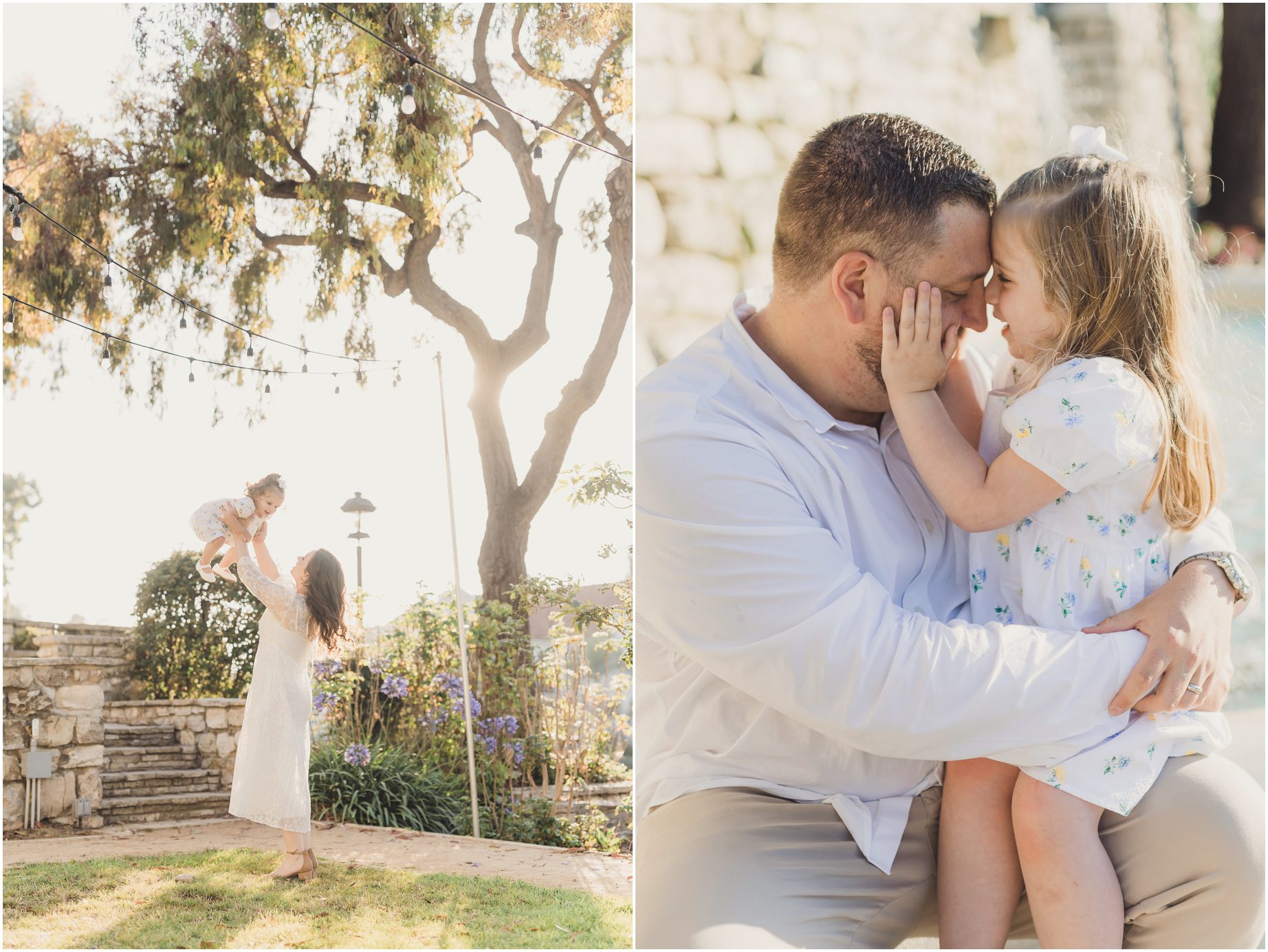 A father and his daughter touch foreheads under a tree at Malaga Library in Palos Verdes