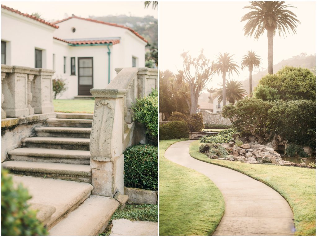 the neighborhood church in Palos Verdes Estates, featuring stairs, palm trees, and pathways