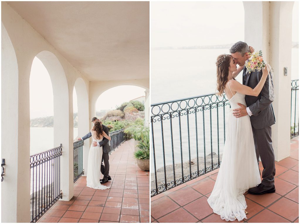 A couple Poses for portraits in a Veranda at the Neighborhood Church