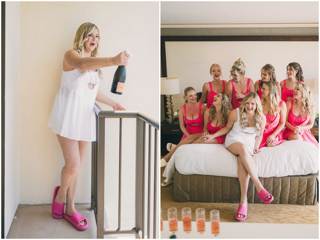 Bride and bridesmaids drink before wedding