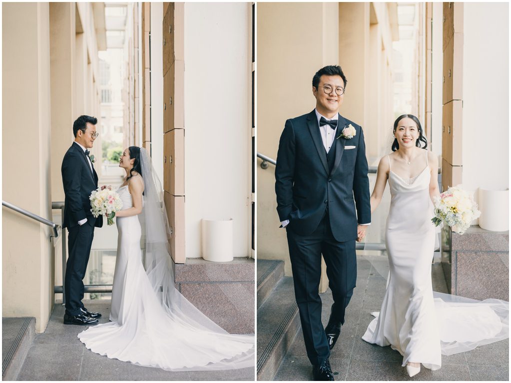 Bride and groom walk together