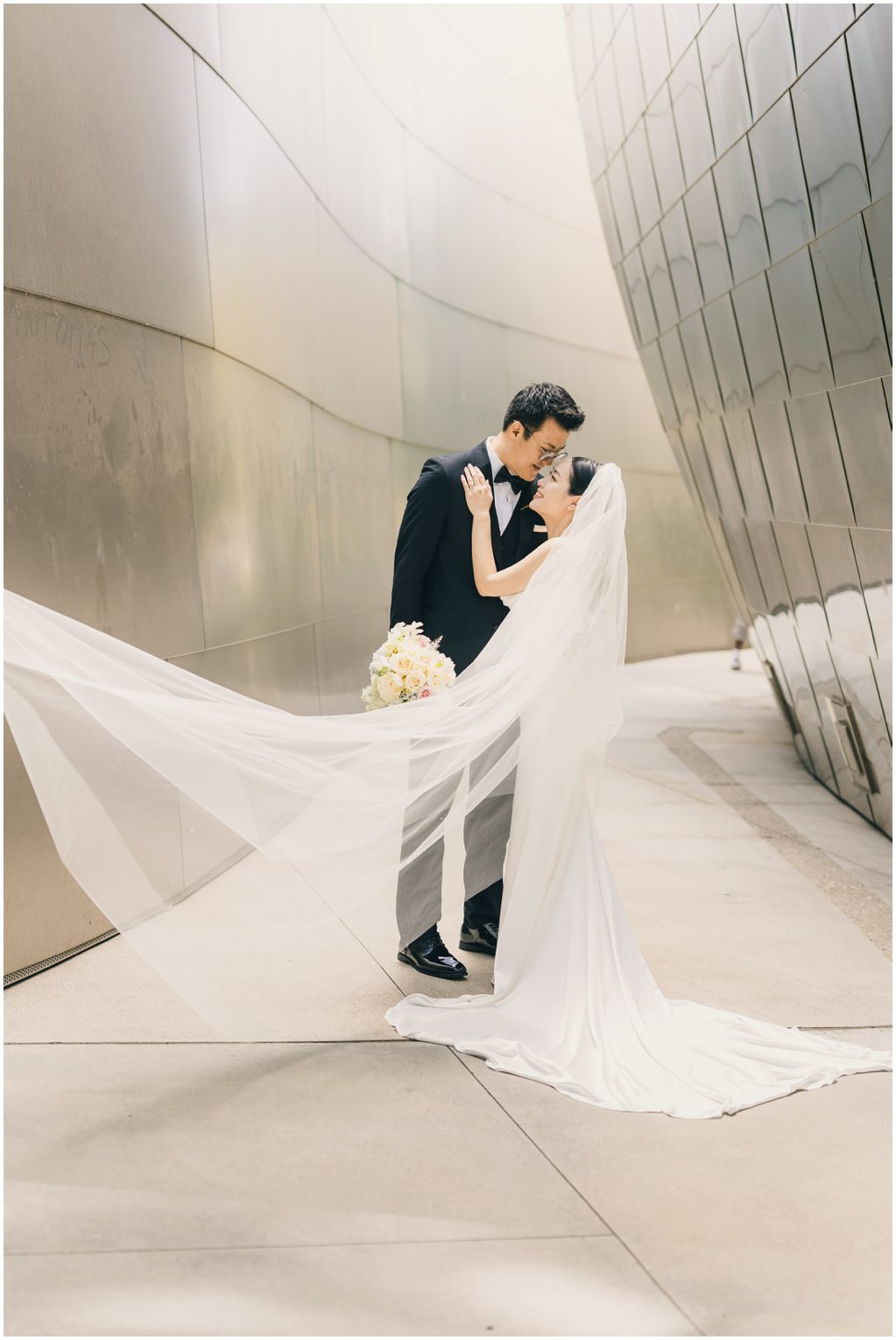 Bride and groom at Disney Concert Hall