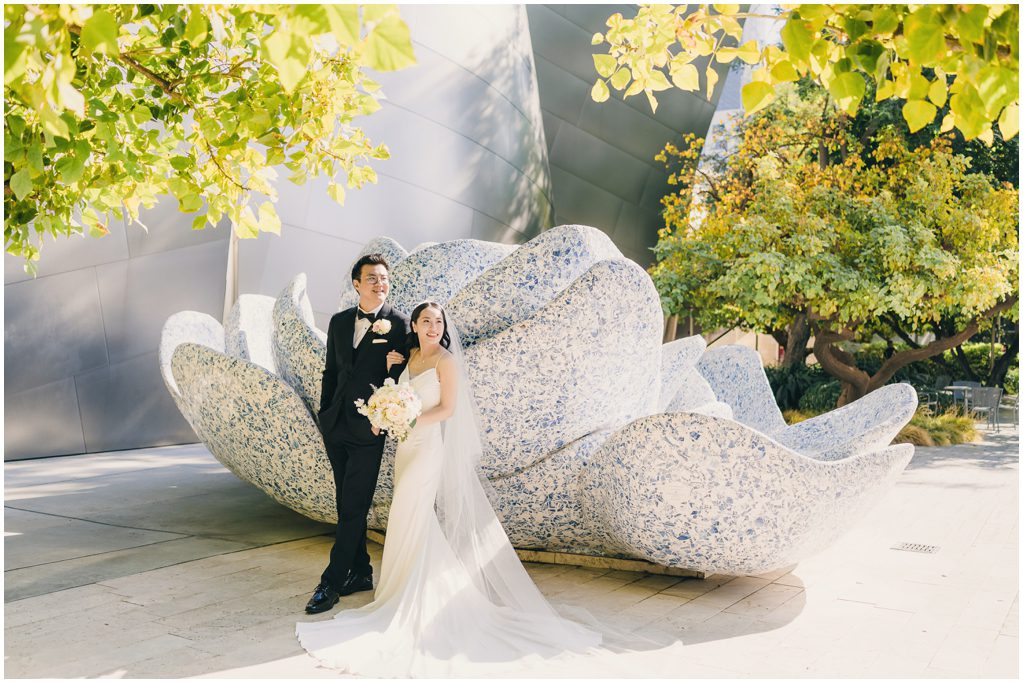 Redbird Los Angeles Wedding // Downtown LA Wedding Photographer 3 Bride and Groom in front of modern art at Disney concert hall