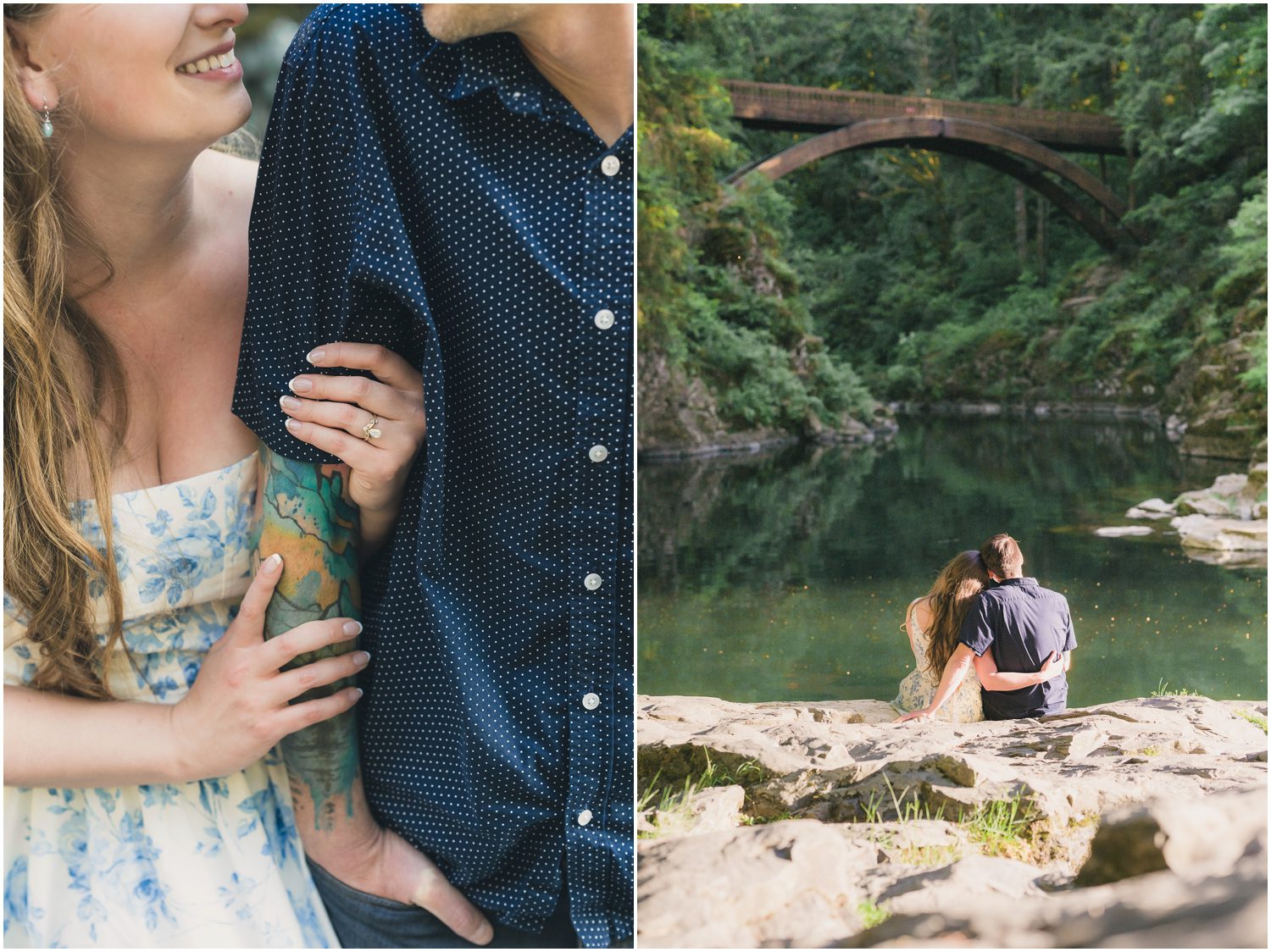 Magic at Moulton Falls // Engagement Pictures from a dream 7 A couple looks at each other and sits beneath the bridge at moulton falls