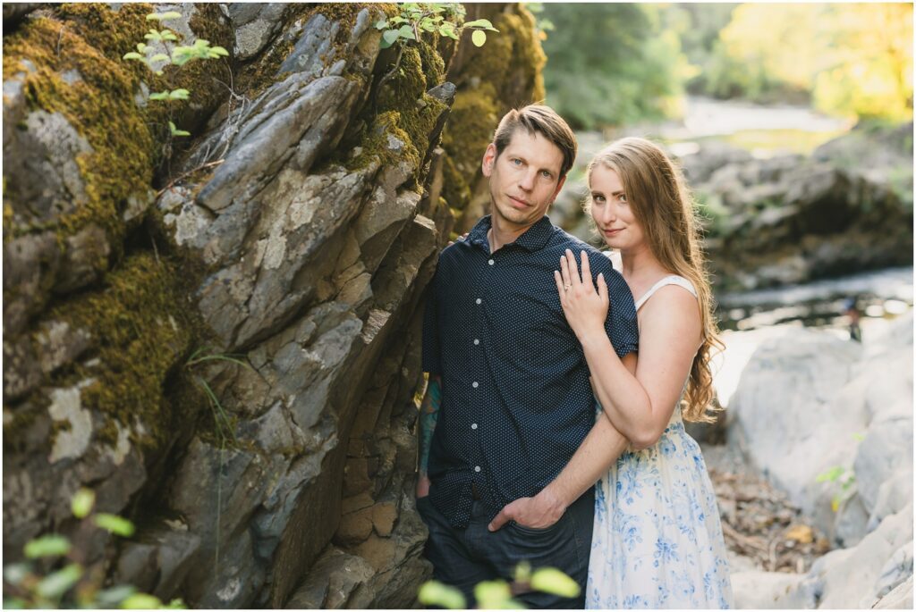 Magic at Moulton Falls // Engagement Pictures from a dream 2 A couple stands at a rock at Moulton Falls